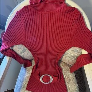 MKM Designs Rust/ Red Ribbed Turtleneck Sweater with Belt small